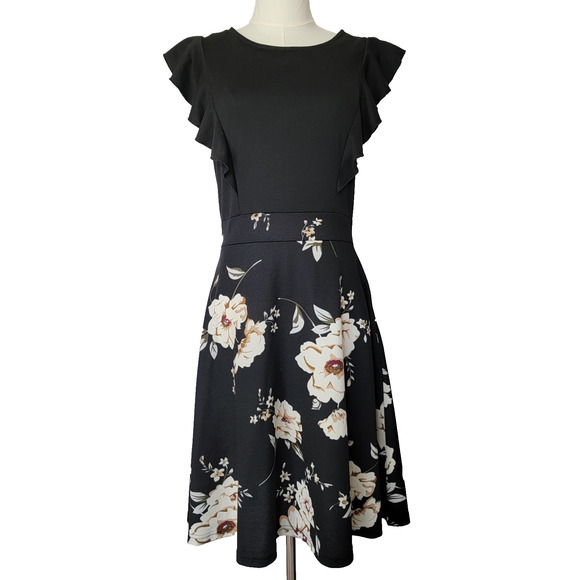 Black Floral Fit Flare Flutter Sleeve Dress Womens M Classy Office Cottage iHot - Picture 1 of 12